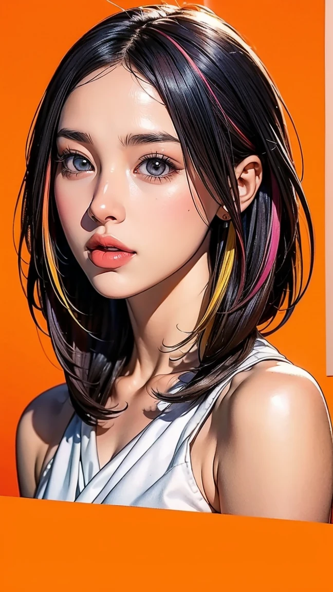 ((masterpiece)),(((Highest quality))),((Character design sheet)),Thin thighs,Long legs,(Portrait of a beautiful girl), Eye for perfect detail, Face with perfect detail, Very elaborate nose, Open your mouth, Radom Color Shorts, Perfect Teeth, Exposing shoulders, charm, Perfect Face, Dimples on cheeks, Written boundary depth, High resolution, ((Realistic skin texture)), (Well-proportioned hands), Thin lips, Random color hair, Floating multicolored hair, Tight waist, Orange pastel background、semi-long