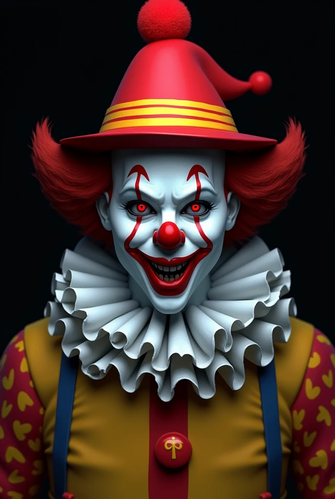 L'image est une illustration numérique du visage d'un clown. Le clown porte une tenue colorée avec un chapeau rouge et un col à volants blanc. Le chapeau a un gros pompon rouge sur le dessus et un motif rayé jaune et rouge sur les côtés. Le visage est peint en blanc avec des accents rouges et jaunes, et les yeux du clown sont peints en rouge. Le fond est noir, ce qui fait ressortir encore plus le clown. L'ambiance générale de l'image est sinistre et effrayante.

