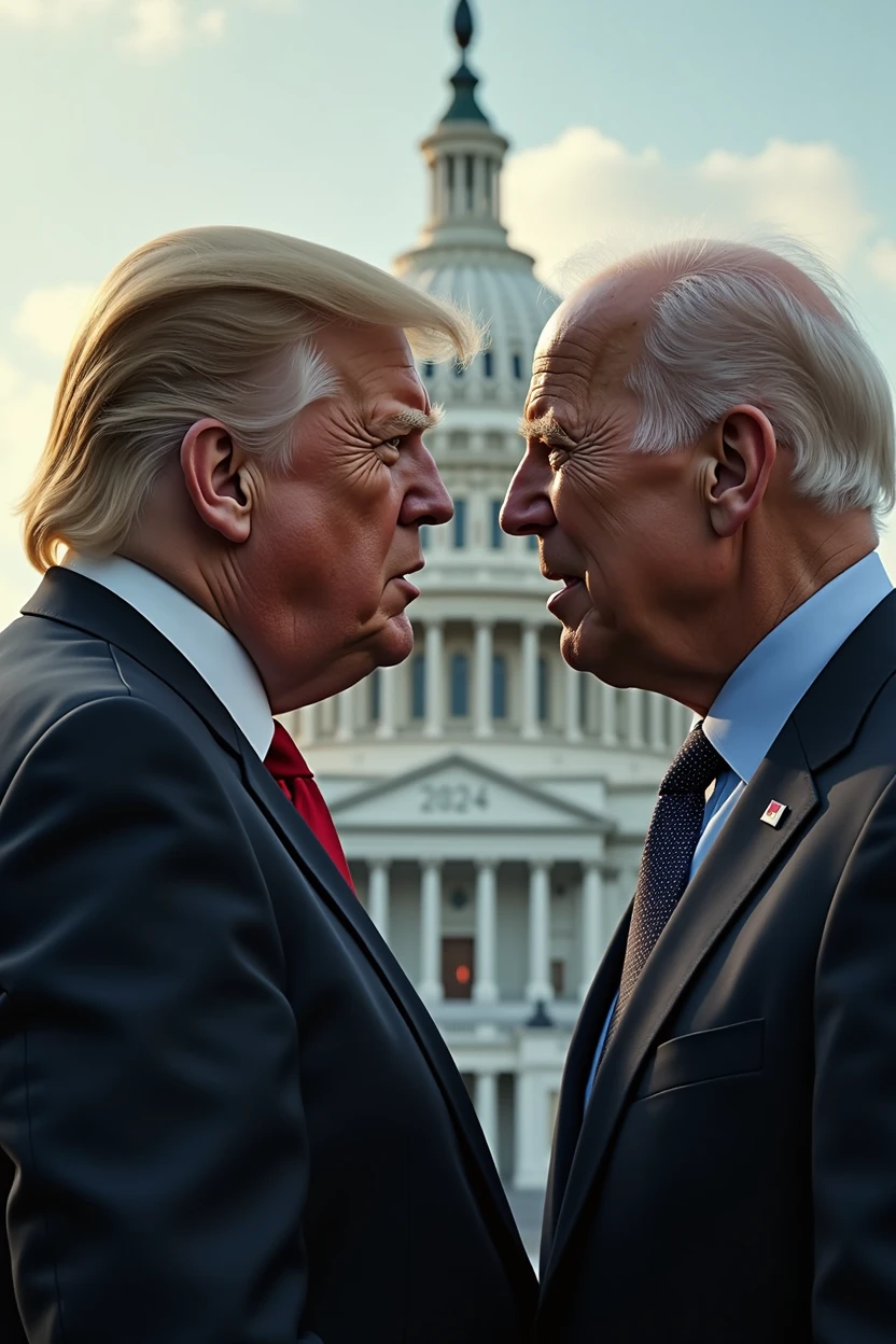 Trump is fighting with Biden. The Capitol Hill is in the background. There is a sign saying "2024". Photorealistic. Masterpiece.