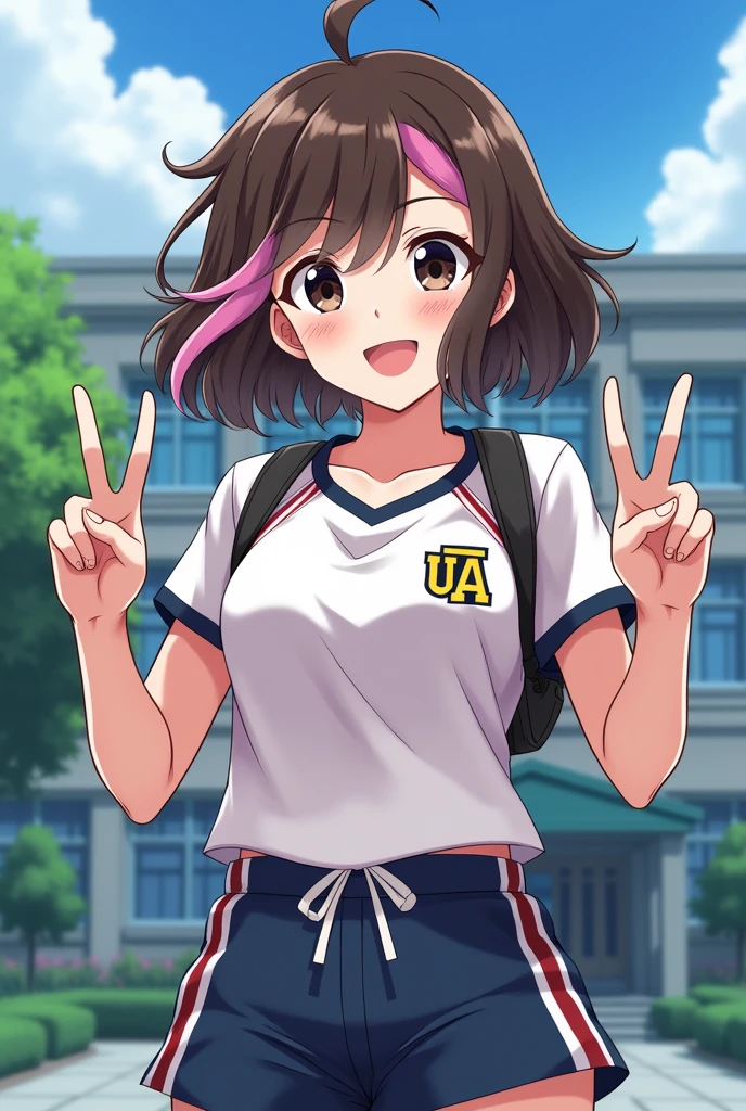 (anime-style image of My Hero Academia by Horikoshi) girl in UA sports uniform, big black eyes, semi short brown hair with some light pink strands slightly wavy with long fringes, she is smiling doing peace pose in the background you see the UA school