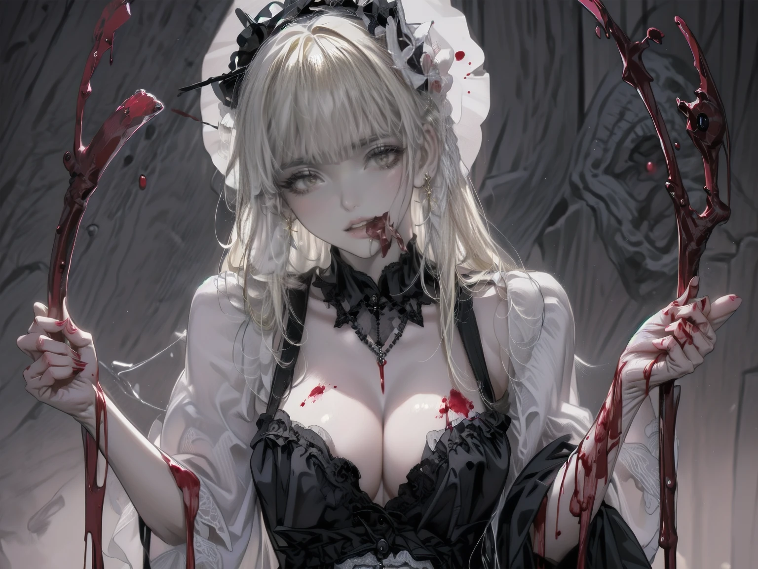 .(Highest quality,4K,High resolution,masterpiece:1.2),Very detailed,Realistic:1.37,Spooky altar background,Dark fantasy,Red color scheme,Ominous atmosphere,Eye-catching,Storytelling,anatomy,Anime Style,Concept Art,beautiful細部までこだわった顔と (((Red eyes ))),A terrifying ritual ,Satanic Ritual,Premature death,inappropriate behavior,クレイジーなsmile,Scythe Face,Girl Monster, beautiful, Delicate facial features, Sharp Eye, Sharp Fangs, pale skin, Thick chain, Dark Background, Cinema Lighting, Dramatic Shadows, Gothic style, Gloomy atmosphere, Dark fantasy, One Girl, Please open your mouth wide, Open your mouth and baring your teeth,Sharp teeth like a beast, Wide lips, very wide mouth, Vermilion cheeks, ,(Blood splatter:1.4),Scary smile, smile,Angel Design, Twisted smile、Bloody、bleeding from the head,,,,,、Blood splatter、,(Blood splatter:1.4),skull,Horror Style, ((Fantasy Sweet Frilly Pink Costume)), ((flowing blonde hair)), ,(Blood splatter:1.4),Female curves, Sexy flat stomach, Perfect hands, Perfect anime face, (Pink tadress)), Are standing, ((邪悪なsmile)), ,(Blood splatter:1.4), Steam circulates, Moonlight Illumination, night lighting, (Blood splatter:1.6),アニメAngel Design, Twisted smile、Bloody、bleeding from the head,,,,,、Blood splatter、,(Blood splatter:1.4), skull,Gothic architecture、Western architecture、Fantasy World、,Victorian cities, Skeleton Gas Light,Absurd, High resolution、 ((Tabletop)), ((Highest quality)), (Very detailedな), ((Very detailed)), (beautiful), ((pretty girl)), (NFSW:1.8), alone,(:1.6)、(world'The most terrifying and creepy demon girl:1.5)beautiful face、Whole Body Ezbian、pale, Beautiful Skin、beautiful金の髪、Smiling Kindly、Dark building ruins、(snow white'Frill dress:1.3)、(The dark ruins are stained with blood:1.3)、Low angle full body shot、(少女は血の海の中にAre standing:1.5)、(The ground is full of blood:1.3)、(The girl lost a lot of blood...:1.3)、(クレイジーなsmile:1.6)、Spirits、(Blood dripping from the mouth:1.3)、Create an image set with a photorealistic dark chapel, Illuminated only by moonlight, Featuring an anime-style character as the central figure. She is portrayed as an evil guru., She is wearing a jet black dress with a striking black veil., pale肌, Her eyes are bright red, Adding to her eerie presence. Pagan God々Surround her with symbols of, Integrating them into the dark chapel environment. リアルなチャペルと様式化されたアニメののコントラストが際Are standingはずです, Emphasizing the integration of various artistic mediums.