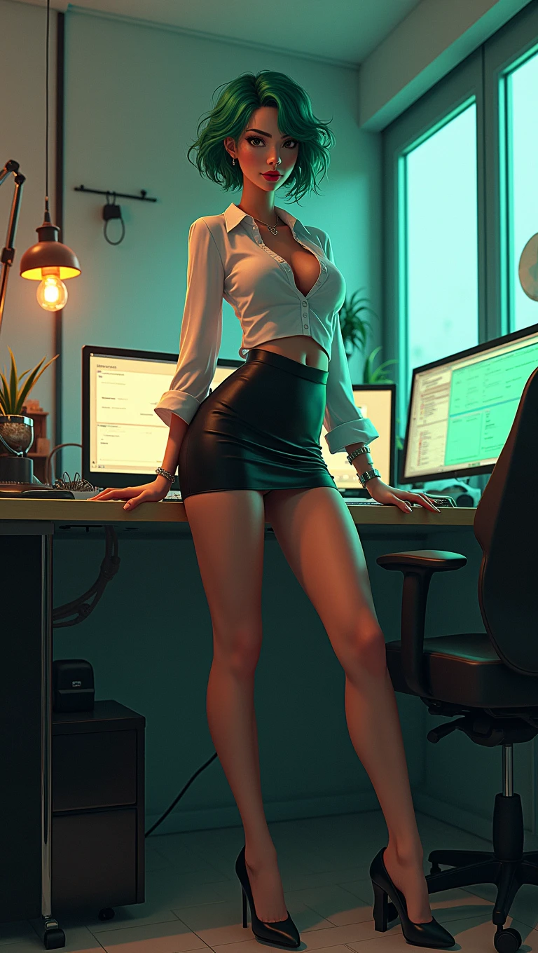 a beautiful girl, 1girl, short green hair, slim figure, hot,sexy office outfit, micro skirt, high heels, photo-realistic, 4k, hyperrealistic, highly detailed, intricate details, dramatic lighting, cinematic, american comic book style, vibrant colors, dynamic pose, working in the office, standing work desk