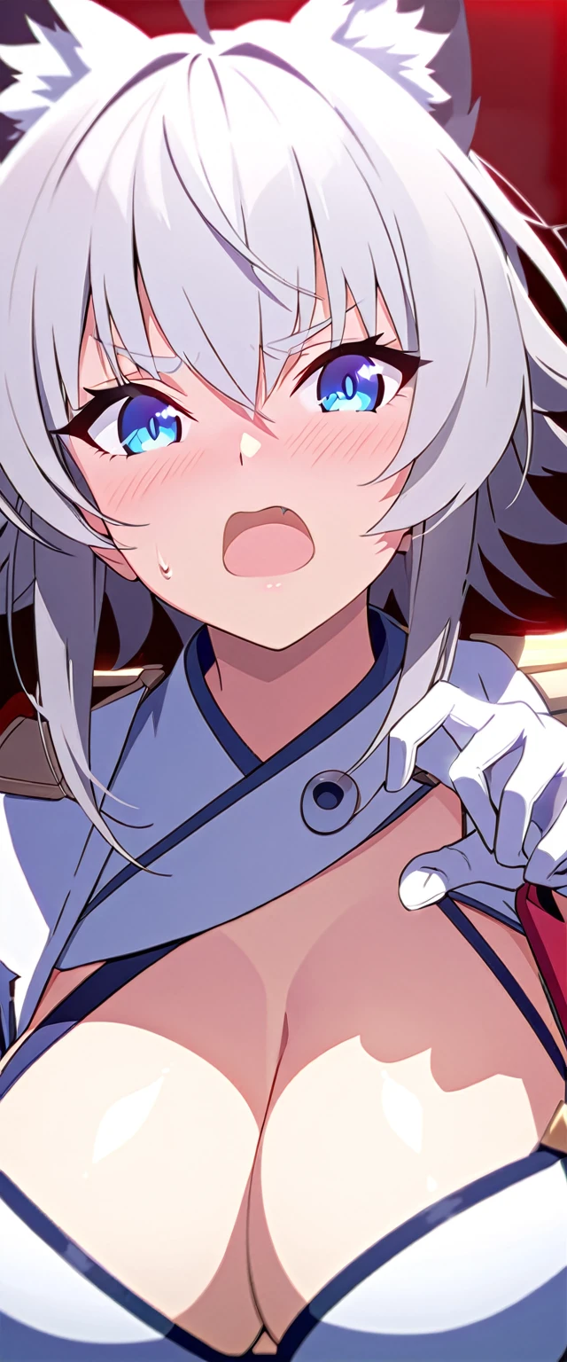 Highest quality,masterpiece,unity 8k wallpaper,Very detailed,Detailed light, Best Shadow,Very detailedな肌,Beautiful attention to detail,Very detailedな顔,Detailed reflective eyes,Shiny Hair,Shining Eyes,(1 girl:1.2),woman,Gloss,thin,White gloves,Silver Hair,(Wolf Cut Hair:1.2),Blue eyes,clavicle,Cleavage,Big Breasts,Charm,Animal ears,White Tail,Ahoge,Silver Hair,(White eyelashes:1.2),White eyebrows,blush,embarrassed,layered bikini,(whole body:1.2),claw pose,(Intimidation:1.2),
