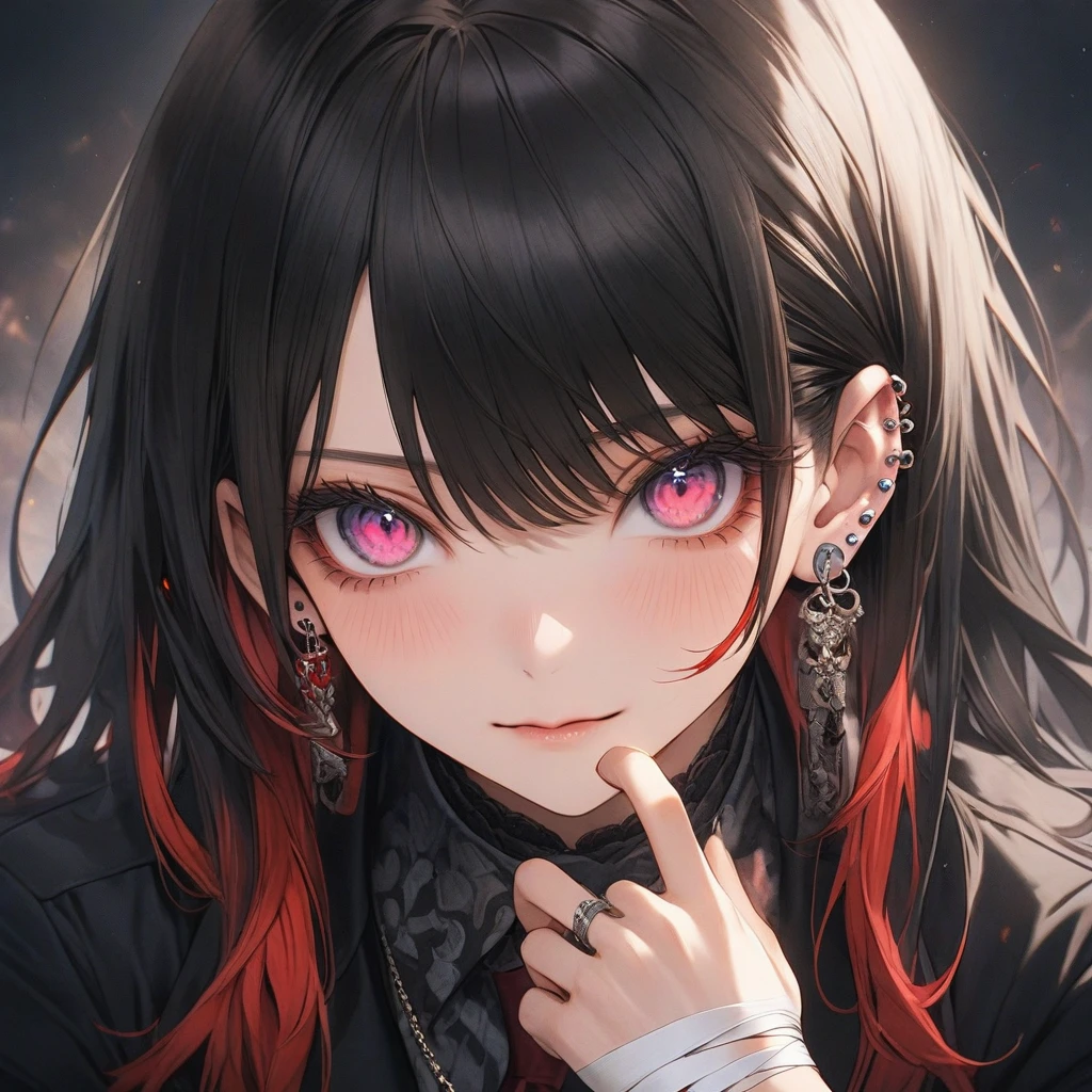 high resolution, Anatomically correct, best quality, Highly detailed, 1 girl, looking at the audience, Anatomically correct, best quality, colorful hair, Hair highlights, white hair, black hair, Uneven hairstyles, Uneven bangs, I have very long hair., full bangs, big breasts, Dark makeup, Embarrassed, Light blush on the cheeks, Dark eyes that are multi-colored, Gradient eye color, The left and right eyes are different colors., Close-up photography, Anime style, Jacket,Wrist bandage,blood on face,thug,mafia,adult body,Sharp eyes,Multiple ear piercings