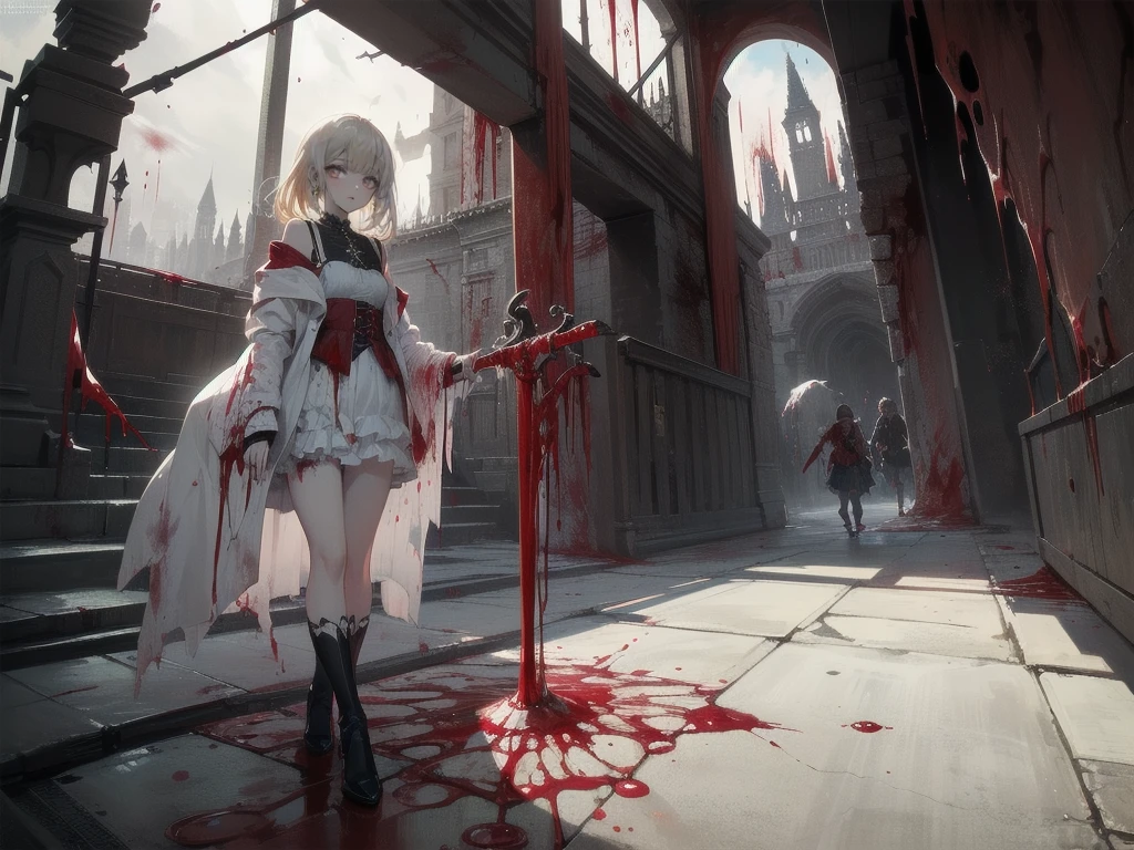 .(Highest quality,4K,High resolution,masterpiece:1.2),Very detailed,Realistic:1.37,Spooky altar background,Dark fantasy,Red color scheme,Ominous atmosphere,Eye-catching,Storytelling,anatomy,Anime Style,Concept Art,beautiful細部までこだわった顔と (((Red eyes ))),A terrifying ritual ,Satanic Ritual,Premature death,inappropriate behavior,クレイジーなsmile,Scythe Face,Girl Monster, beautiful, Delicate facial features, Sharp Eye, Sharp Fangs, pale skin, Thick chain, Dark Background, Cinema Lighting, Dramatic Shadows, Gothic style, Gloomy atmosphere, Dark fantasy, One Girl, Please open your mouth wide, Open your mouth and baring your teeth,Sharp teeth like a beast, Wide lips, very wide mouth, Vermilion cheeks, ,(Blood splatter:1.4),Scary smile, smile,Angel Design, Twisted smile、Bloody、bleeding from the head,,,,,、Blood splatter、,(Blood splatter:1.4),skull,Horror Style, ((Fantasy Sweet Frilly Pink Costume)), ((flowing blonde hair)), ,(Blood splatter:1.4),Female curves, Sexy flat stomach, Perfect hands, Perfect anime face, (Pink tadress)), Are standing, ((邪悪なsmile)), ,(Blood splatter:1.4), Steam circulates, Moonlight Illumination, night lighting, (Blood splatter:1.6),アニメAngel Design, Twisted smile、Bloody、bleeding from the head,,,,,、Blood splatter、,(Blood splatter:1.4), skull,Gothic architecture、Western architecture、Fantasy World、,Victorian cities, Skeleton Gas Light,Absurd, High resolution、 ((Tabletop)), ((Highest quality)), (Very detailedな), ((Very detailed)), (beautiful), ((pretty girl)), (NFSW:1.8), alone,(10 years old:1.6)、(world'The most terrifying and creepy demon girl:1.5)beautiful face、Whole Body Ezbian、pale, Beautiful Skin、beautiful金の髪、Smiling Kindly、Dark building ruins、(snow white'Frill dress:1.3)、(The dark ruins are stained with blood:1.3)、Low angle full body shot、(少女は血の海の中にAre standing:1.5)、(The ground is full of blood:1.3)、(The girl lost a lot of blood...:1.3)、(クレイジーなsmile:1.6)、Spirits、(Blood dripping from the mouth:1.3)、Create an image set with a photorealistic dark chapel, Illuminated only by moonlight, Featuring an anime-style character as the central figure. She is portrayed as an evil guru., She is wearing a jet black dress with a striking black veil., pale肌, And long black nails. Her eyes are bright red, Adding to her eerie presence. Pagan God々Surround her with symbols of, Integrating them into the dark chapel environment. リアルなチャペルと様式化されたアニメののコントラストが際Are standingはずです, Emphasizing the integration of various artistic mediums.