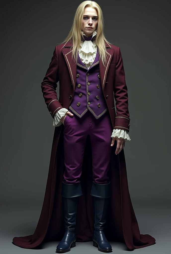 pale and tall man, who looks to be 30-35 years old. It has long (to the waist) light blond hair with a golden hue, thin gray-blue eyes with dark purple eyeshadow and noticeably high cheekbones. His clothes are in Victorian style, An old-fashioned, consists of a long dark burgundy jacket with a lavender inner layer and gold pins on the folded cuffs. Underneath he wears a purple waistcoat over a white ruffled shirt, purple classic trousers, dark blue knee-high boots and gloves of the same color.