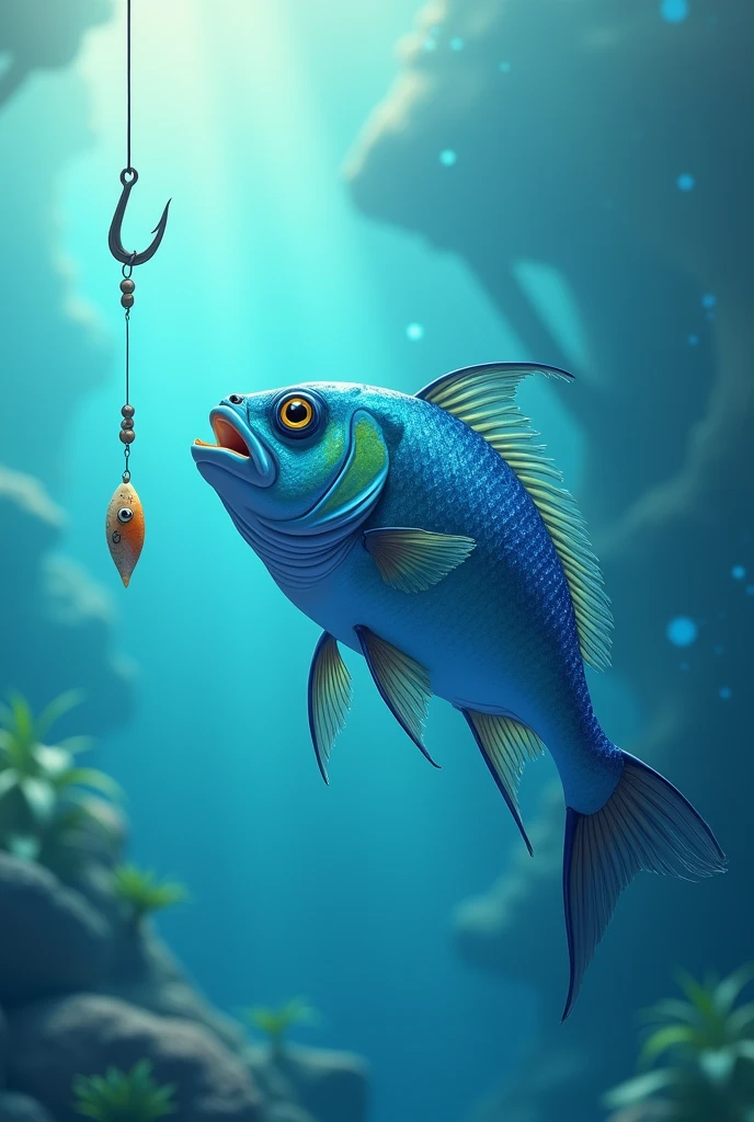 Bright blue fish with scales seeing a hook with bait.