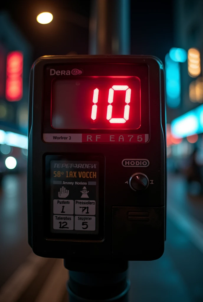 Latin American internal taximeter with a large panoramic area that displays a value of 10 on its red displays.:15, having a night background in a Latin American country, and looking like a photo taken with a low-end cell phone.

