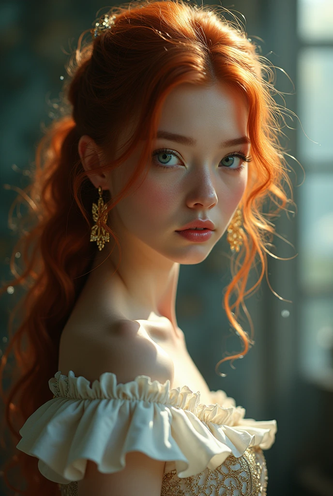 (solo, full body photo:1.3), (action packed:1.3), (haze, fog, mist:1.3), chiaroscuro, best quality, photorealistic, 1woman, (cute), (24yo:1.2), redhead, long ginger hair highly detailed, 1700'S, digital photography, art by artgerm and ruan jia and greg rutkowski surreal painting gold butterfly filigree, broken glass, (masterpiece, sidelighting, finely detailed Fashionable eyes: 1.2) (perfect oval large eyes that gazes at the viewer), beautiful detailed face, blue gorgeous perfect eyes, (blonde hair ponytail), (attractive young woman:1.3), (thick amazing hair), (seductive:1.1), (blushing:1.1)