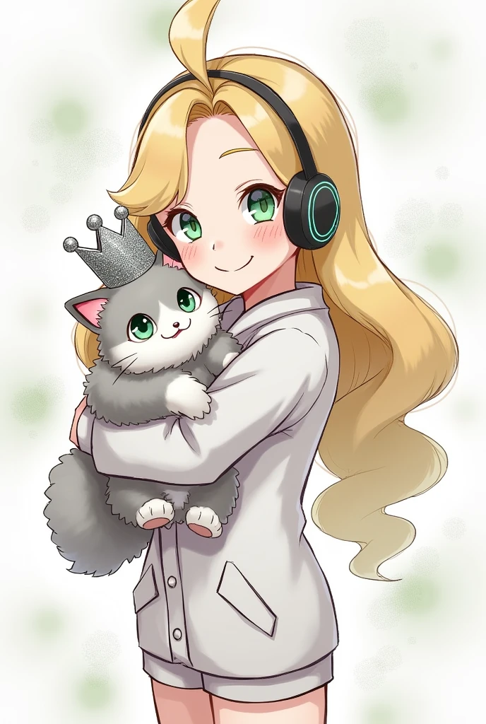 Personnage animé aux cheveux blond et longs avec un casque gaming qui fait un clin d œil avec les yeux vert  et qui est vetu d'une combinaison pyjama de  ectoplasma dans pokemon et qui porte dans ses bras yuumi qui est un chat syberien avec plein de poile gris et blanc avec une couronne argente sur la tete du jeu vidéo League of legends le tout doit etre en mode esquisse
