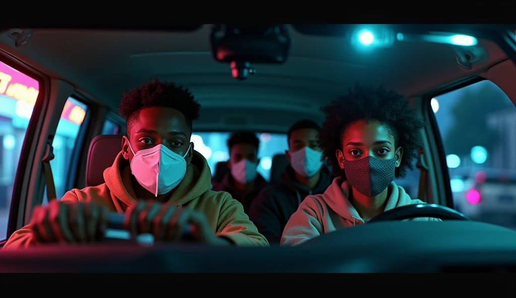 image of a african american youths in a modern van with masks at night