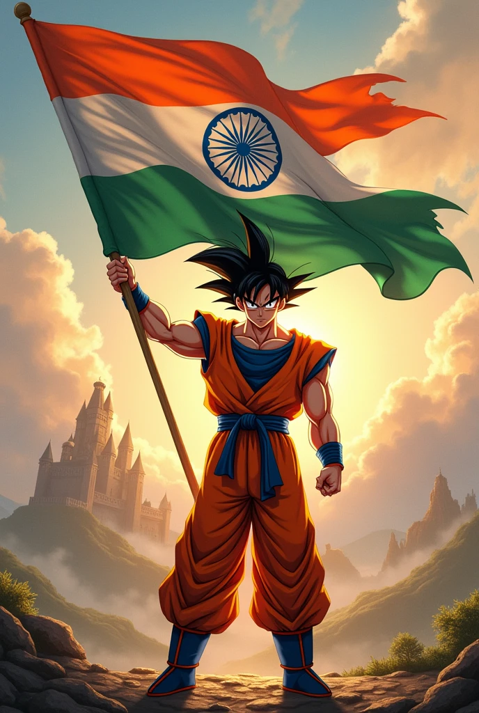 Goku standing with India flag
