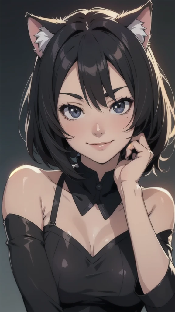 anime girl , mid black hair , black eyes , happy , cat ears, wolf hair cut , high quality , high quality face , smile, pose