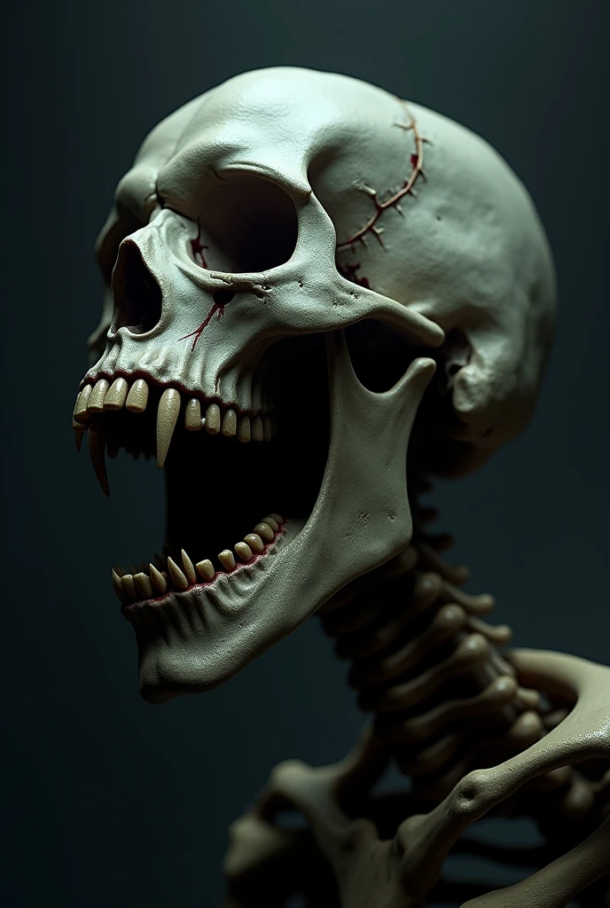 Skeleton skull sideways head with vampire teeth screaming


