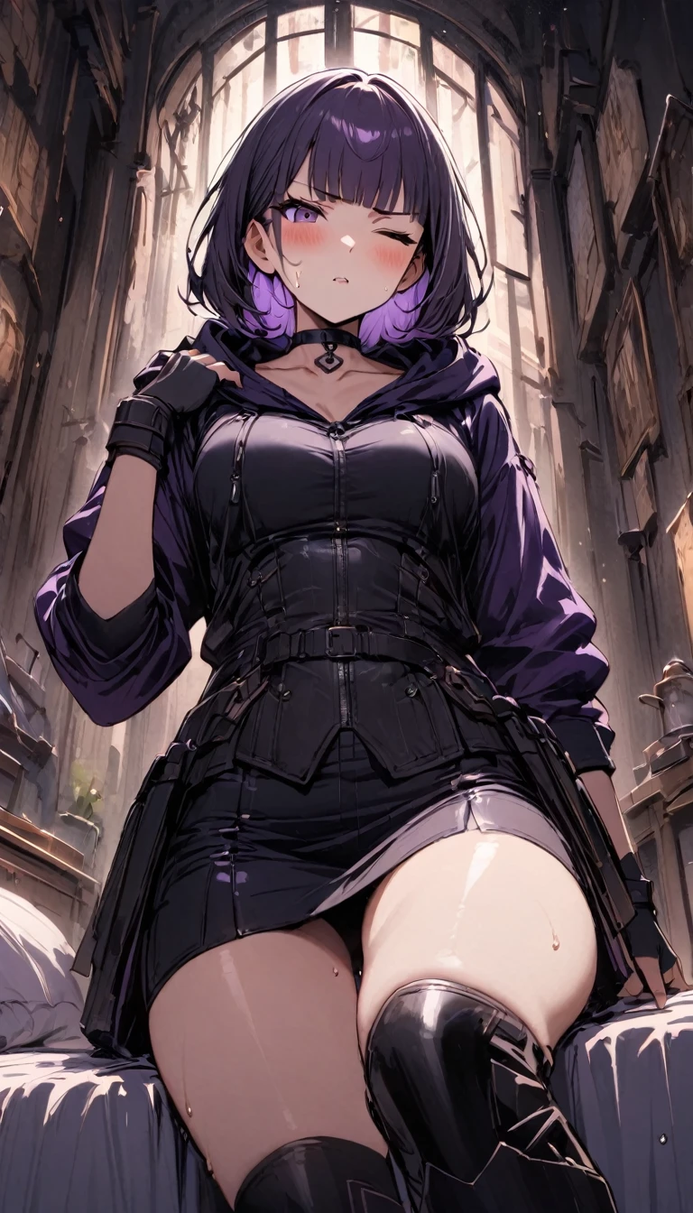 solo,1girl, Mature Women,Dynamic composition、Dutch Angle,from below,Focus on thighs,{{masterpiece}}, {{{Highest quality}}},{{Very detailed}},magic swordsman, ,{{one eye closed}},{{Sitting on the bed}},{{Hold one arm of yourself}},v-shaped eyebrows.profound,Bad mood,blush,Sweat,{{Leather knee socks}},{{clavicle:1.4}},hoody,choker,mini skirt,armor,,WHITE Inner suit under armor,black fingerless gloves,Long purple hair,Blunt bangs,Inside the inn