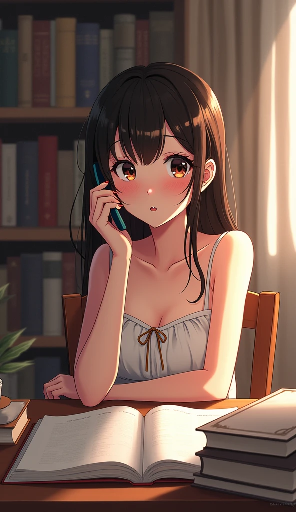 Anime girl, 1 girl image, 9:16, crying, talking on phone call, sit on the chair with table, on the table opened a book , many books on the table, she wears beautiful full dress , hot body,