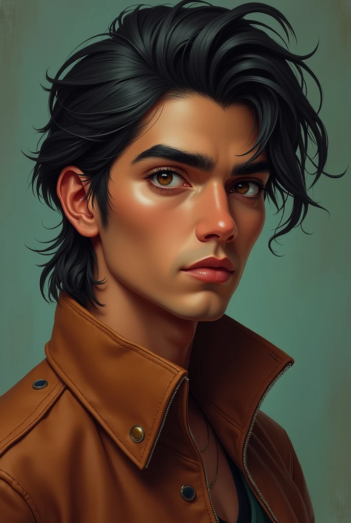 You can describe me as an attractive man, a tall person , with very light brown skin, medium length hair styled in a bookish way, bushy eyebrows, hunter's look, no facial hair, with a little bit of puffed out cheeks, pronounced cheekbones and a face of a 17 year old Mexican youth