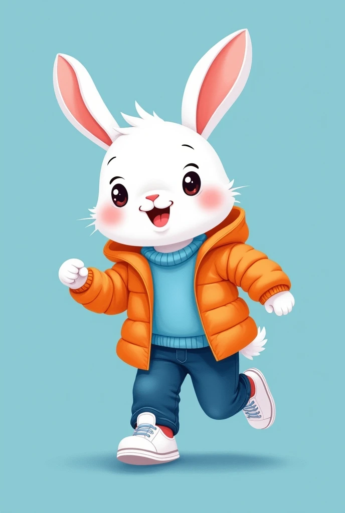 A cute white anthropomorphic little rabbit with a happy expression, wearing a blue sweater, over it a completely orange padded jacket with a hood, wearing wide leg jeans and white sneakers, in a dynamic running position on a blue background.