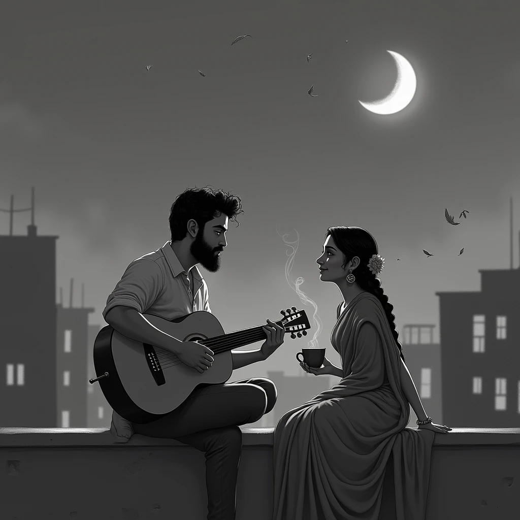 ## Potential Prompt:
A grayscale, romantic scene set under a crescent moon on a quiet rooftop. A man with a beard, dressed in casual clothes, plays an acoustic guitar while seated on a ledge. Next to him, a woman wearing a traditional saree, with her hair in a braid, holds a steaming cup and gazes at the man with a soft, loving expression. The background features dimly lit buildings, with a few scattered leaves blowing in the breeze, creating a serene and intimate atmosphere. The overall mood is peaceful and tender.