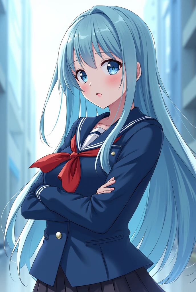 The design is from My Hero Academia, she is wearing the uniform of Yuei High School, her hair is light blue, her hair is long and straight, her eyes are also light blue, she has a very pretty face and is cool.