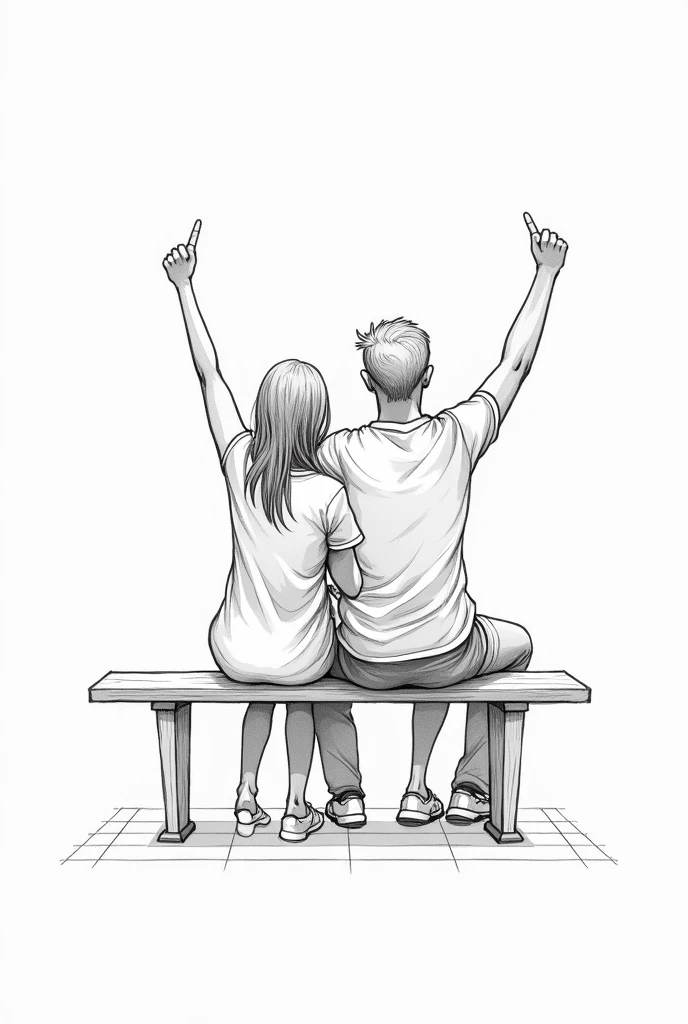 Rough sketch of a and a sitting next to each other on a bench and looking at each other, he with his right hand and she with her left hand above her head in a sign of victory.