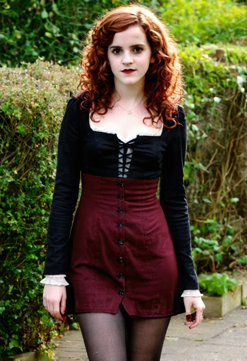 Emma Watson,  very curly red hair,  vampire,  gothic minidress,  black pantyhose,  shoes,  sun shiny day 
