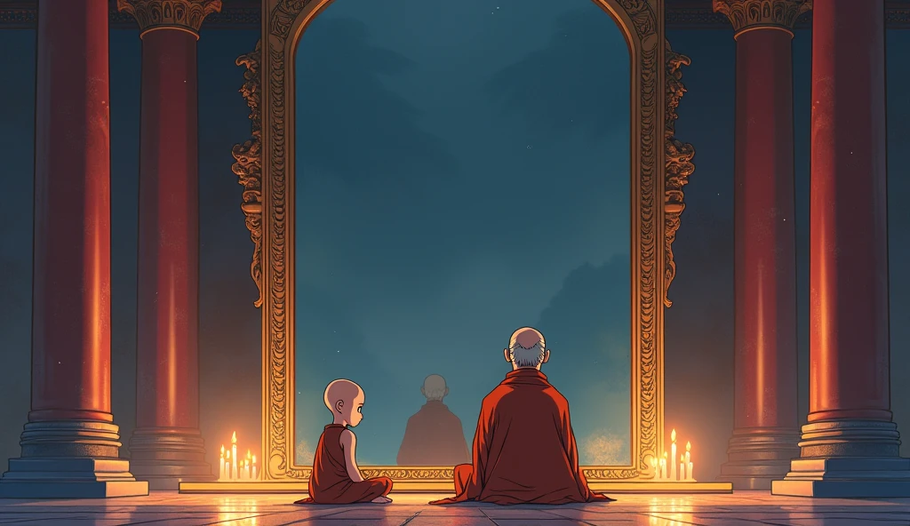 Young monk student sitting with his old fat master monk in front of huge mirror in a room, in anime style,