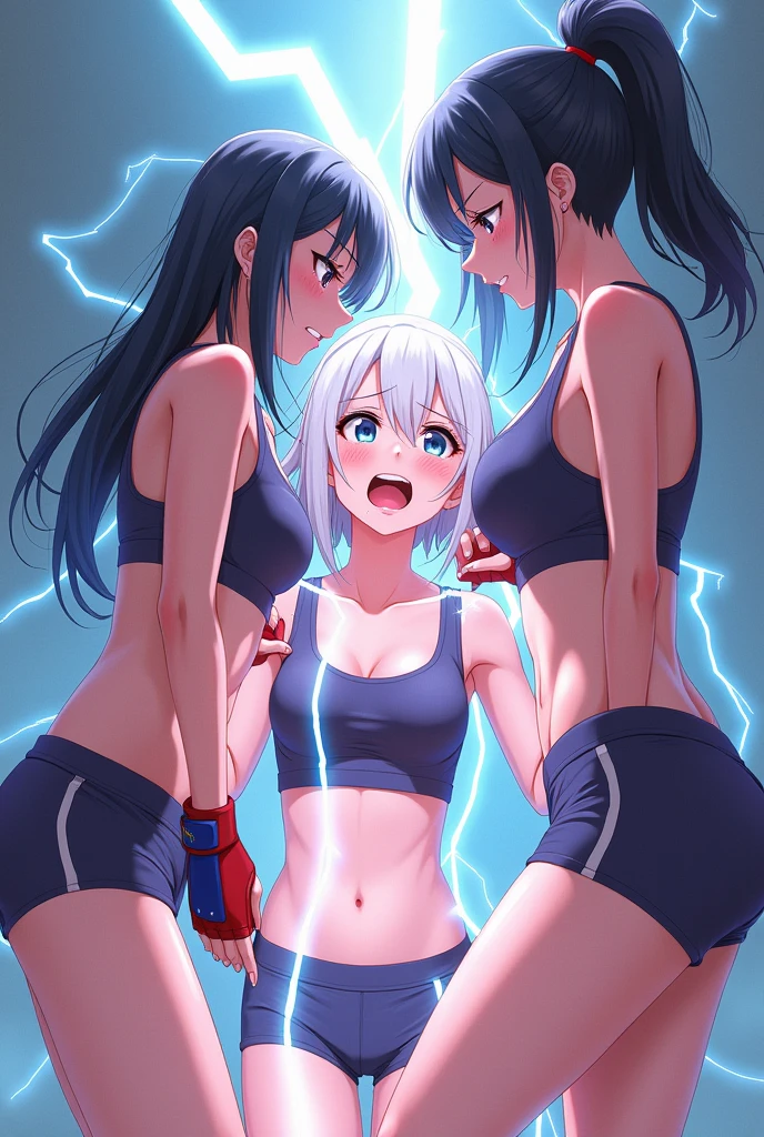 nsfw,(???????:1.3) ,(slut:1.2),(vulgarity:1.3),(fucked silly:1.3),(steam:1.3),(wet:0.9),(trembling:1.9),(tears:0.9) ,(drooling:1.1),(sweat:1.1),(??????:1.1),(?????? stand:0.9),light pink vivid ??????, completely nude,(spread legs:1.3),(bare pussy:1.3), (pussy cutout:1.3),(open ??????, vivid pussy, high quality ??????),(love juice:1.6),(embarrassed,blush:1.3) ,(puffy nipples:1.3),(nipples peek:1.3),(pussy peek:1.3)Three beautiful girls in compression shorts and gloves were struck by lightning, Cried, closed her eyes, Voiding incontinence, Electrocution, And dead. Close your eyes, anguished expression. Emphasis on urination incontinence from the thighs and crotch. the body is arched.Two-dimensional anime style.