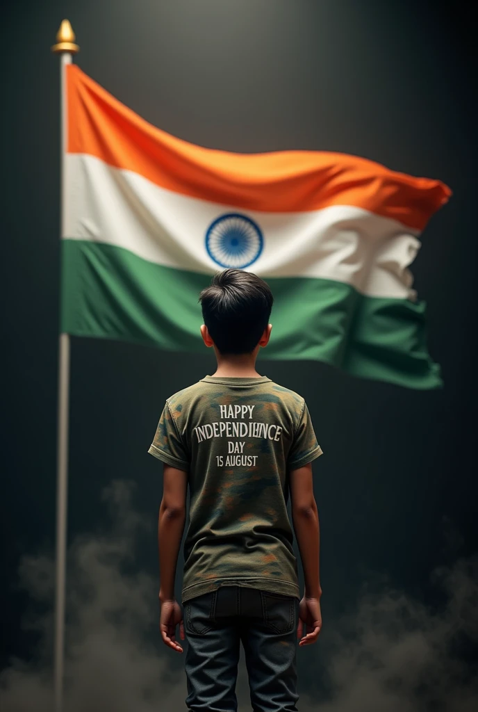 Make an image A 16 year old boy is standing wearing an army  t-shirt, the name “NISHANT” is written on the  t-shirt and the flag of India and in the background there is a big flag of India and Happy  independence Day 15 August is written and Saluting flag with other seals and smoke on dark background, 3D realistic high quality photo.