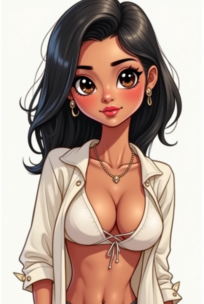   - Start with a round face shape.
   - Add extra large, expressive eyes with a straight nose and full lips.
   - Draw smooth, straight black hair, shoulder-length or a bit longer.
   - For the body, make it slightly chubby to reflect the weight and height.
- Make her features indian like young 19 year old in modern cute outfit
Make her super sexy and eye catching and more slutty and very busty big boobs and just single pic in a sex position tjat is Missionary. On bed legs spread full view of pussy. Legs openly spread. And name her aaria. More bigger boobs busty

A character with a round face shape, large expressive eyes, a straight nose, and full lips. They have smooth, straight black hair that is shoulder-length or a bit longer. The body is slightly chubby, reflecting a height of 157 cm and weight of 62 kg