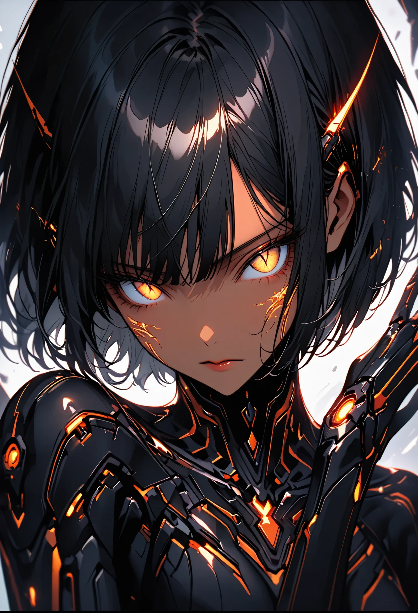 solo, female, close up, Black hair, sleek and straight hair, chin-length bob cut, slightly tousled bangs framing her face, hair infused with metallic threads, shimmering hair, slit pupils, amber-gold iris, augmented eyes, Smooth skin, tan, faint silvery veins visible just beneath the surface of her skin, skin illuminated from within, Lean, athletic, long limbs, arachnid mechanical legs on her back, confident stance, slender mechanical legs, small glowing nodes scattered across her, cybernetic enhancements, medium shot, pose