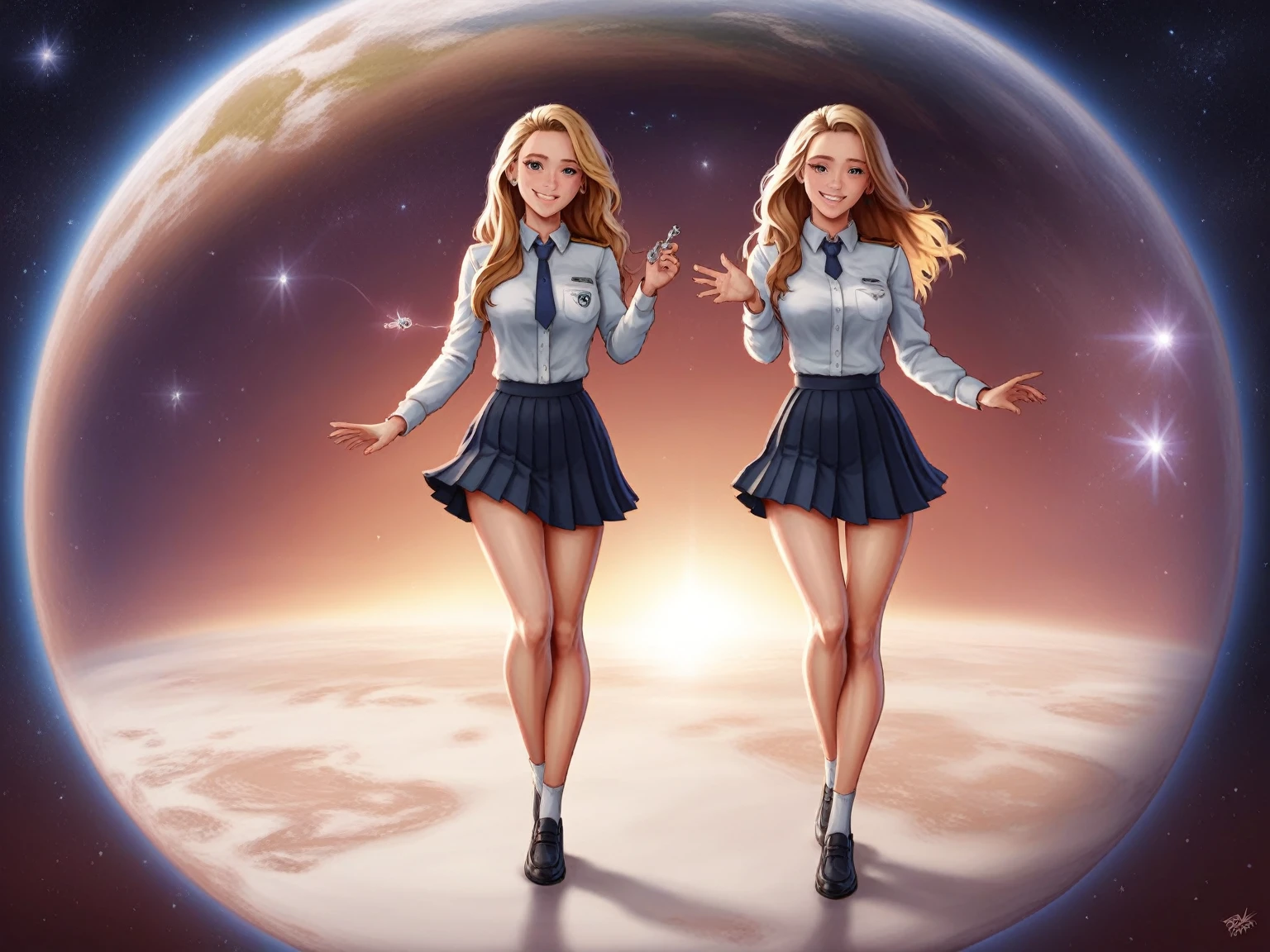 85mm photograph of Shy, Compassionate, kind, empathic, happy, long haired, beautiful and attractive women, Sapphic Space Lesbians Halle Berry and Gillian Anderson, exploring space, investigating anomalies, doing scientific R&D, attending council meetings, conducting espionage, conducting archeological excavations, investigating astral rifts, wearing (long pleated full circle skirts), uniform jackets and (woman's low heel office shoes), (pronounced (feminine) features), (very windy), skirts are flowing wildly in the wind, lesbian space station, sci-fi, skirts in space, loves women wearing skirts, wants to kiss girls, loves skirts, women wearing skirts, empathy, compassion, romance and love, (pronounced (girly) features), (highly detailed ultra accurate realistic) hands and fingers, (windy), epic composition, highly detailed attributes, (35mm f1.4 Kodak portra 400 photograph), extremely high quality RAW photograph, highly detailed atmosphere, sci-fi, cinematic shot, dynamic lighting, 75mm, Technicolor, Panavision, cinemascope, sharp focus, fine details, 8k, HDR, realism, realistic, key visual, film still, superb cinematic color grading, depth of field 