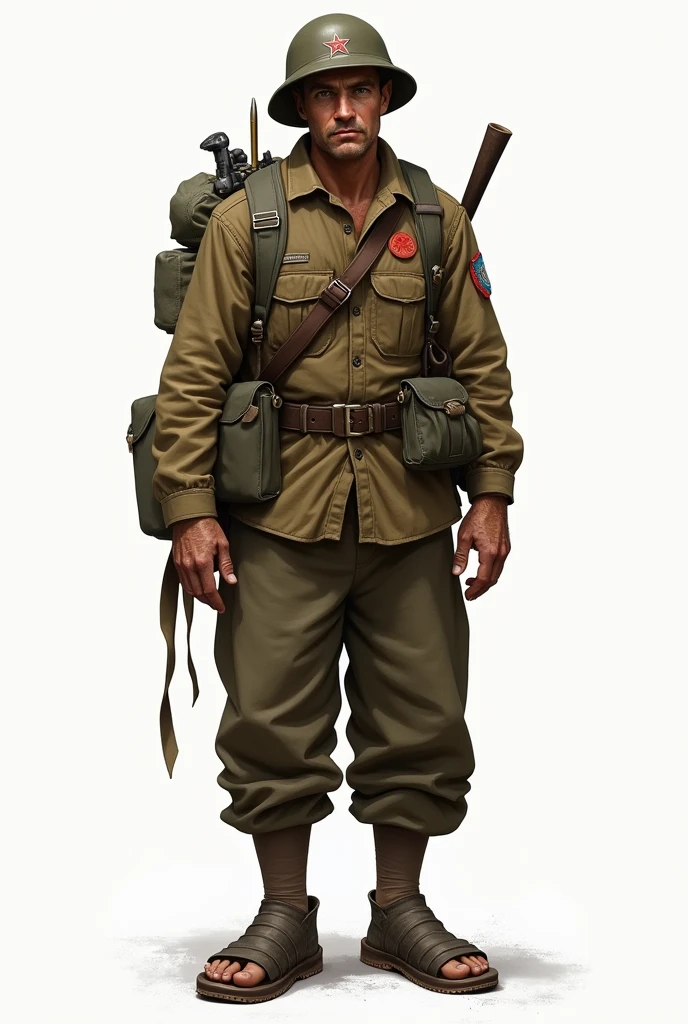 Skin: The soldier usually wears a brown or dark green military shirt, with rough fabric material, knotted at the chest, no collar. Long pants are also made of rough fabric, brown or green similar to the shirt, spacious for easy movement. His feet usually wear rubber sandals, made from old tires.
He wears a hat: On his head he wears a pith helmet, the type of hat made from pressed grass or hard plastic, covered in khaki green fabric. The hat usually has a red star or badge attached.
weapon: The soldier usually carries a rifle (Mosin-Nagant or Mauser type), worn on the shoulder with a leather or canvas strap. next to, can carry ammunition pouches on the side, or carrying grenades.
other equipment: Usually wear a backpack or shoulder bag (a type of canvas or leather bag), containing food, drinking water and personal belongings. He can also carry a shovel, small hoe or bayonet, used for digging trenches and defense.
Appearance: Usually keep hair short and neat, or cut close to the head. Skin can be tanned, his face seems tough, full of determination. The soldier usually has a neat appearance, although simple, it exudes a determined demeanor, ready to fight.