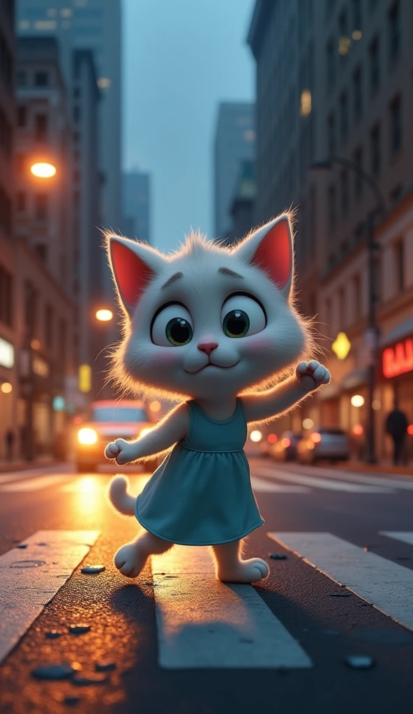 A busy city street at twilight, illuminated by streetlights and headlights from passing vehicles. Abby, the white, slightly chubby female cat, is seen darting across the sidewalk near a bustling intersection, her eyes wide with fear and determination as she searches for her thrown plush toy. Abby is standing on two legs and is dressed in a light blue dress, which complements her soft fur. The traffic is heavy, and in the background, a car is speeding towards the crosswalk, its headlights casting a harsh light on the scene. The atmosphere is tense and foreboding, capturing the moment just before the tragic accident. The scene is rendered in a 3D animation style.