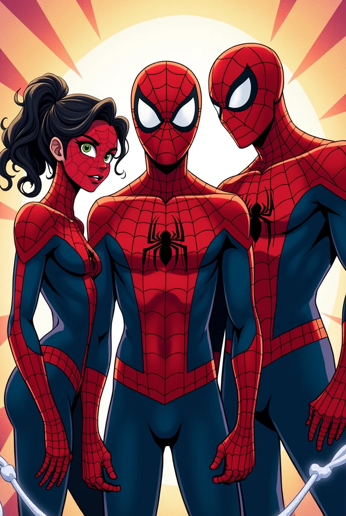 Create a comic style image of Ultimate Spiderman along with Superior Spiderman and Kaine Spiderman as close to the comic as possible, all three together. Please can you make it a little more like anime icons? 