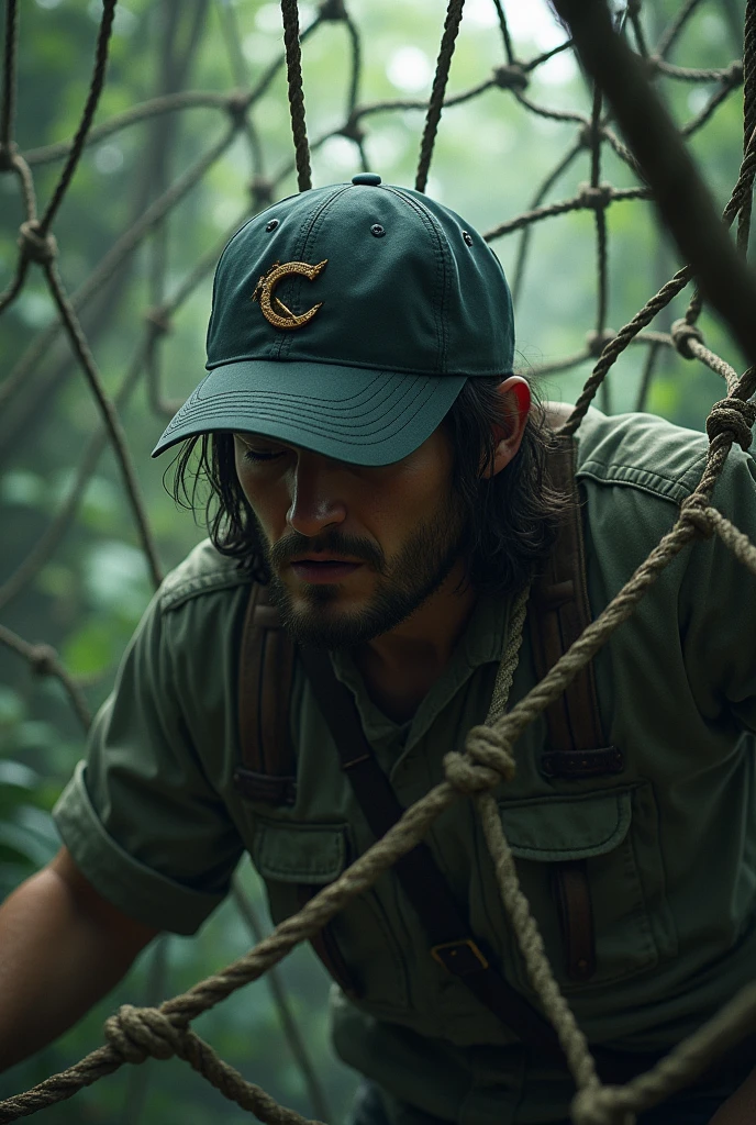 Net trap with someone wearing a cap captured stuck in the background