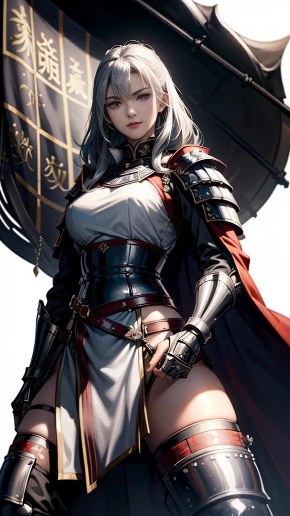 Black Hair：1.3, Amazing character art, ((Silver Knight Armor:1.3 )),((Pure white background)), 3d rendering character art 8k, Handsome，Beautiful female knight, 2. 5D CGI Anime Fantasy Artwork, Detailed digital art, Very nice work of art, Fan Art Best Art Station, (Red velvet long cape),(Stretch your open hand forward:1.3), (Hands on hips),(on stage:1.2),((From below)),Eyes looking into the distance,(A female general gives orders to her soldiers:1.3),Muscular,(samurai:1.2),Confident，An inappropriate smile，teasing，Overbearing，samurai：1.2，Japan