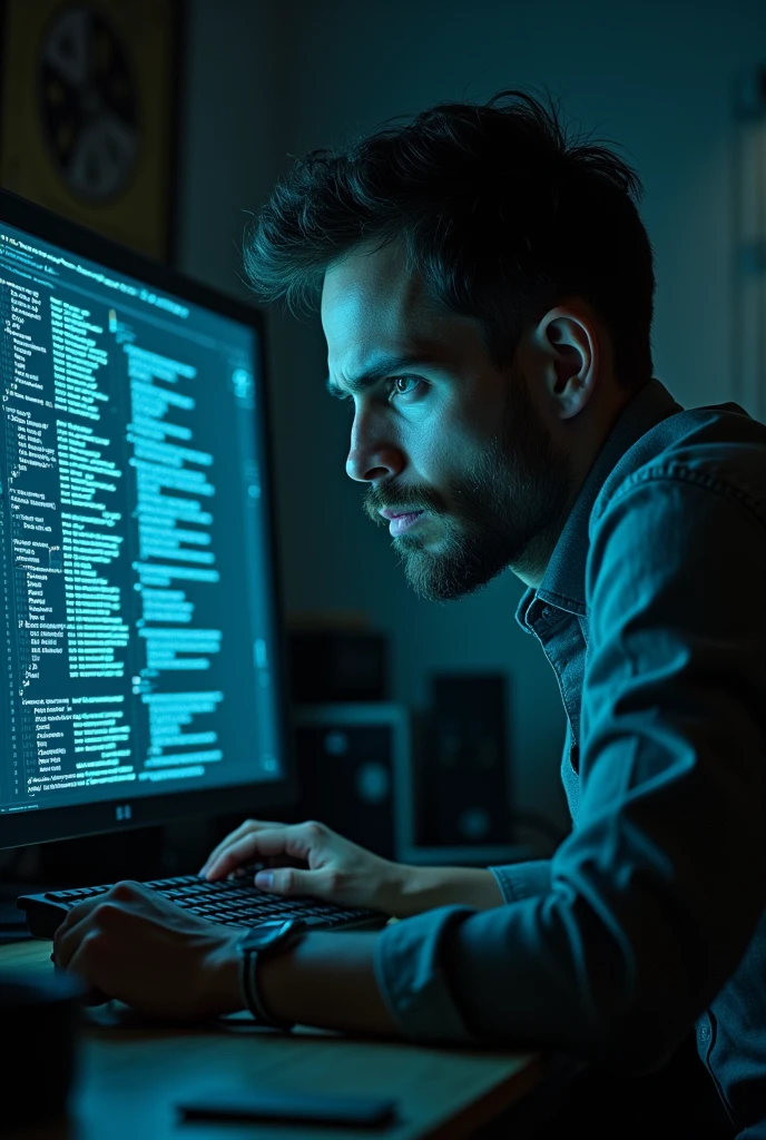 A programmer looking perplexed at a computer screen with long, cryptic assembly code.