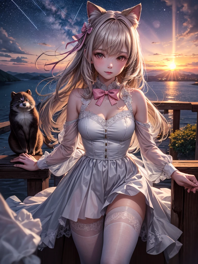 unparalleled masterpiece, ultra realistic 8k CG,masterpiece,pov,(delicate photograph,ultra_detailed,16k),(detailed sunrise scenery, star night,),On a quiet night, a  in white tights with a pink bow is holding a tanuki cat and looking at the stars