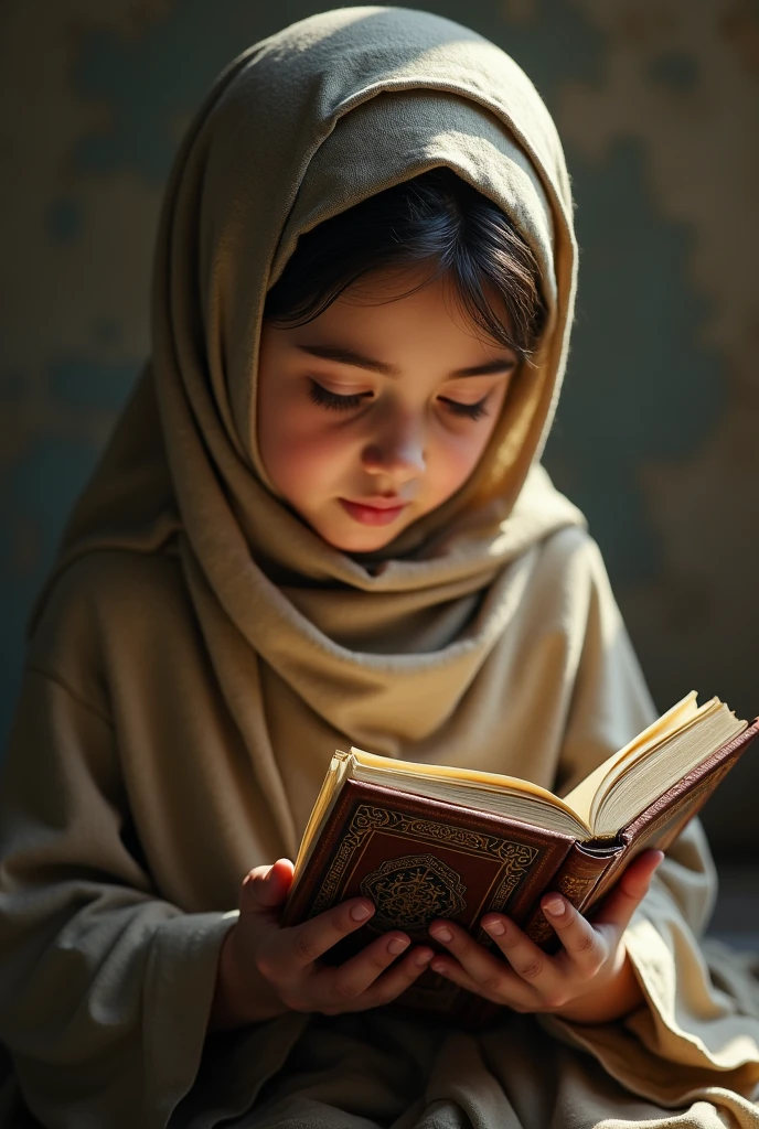 A Muslim girl, her heand in a Quran 