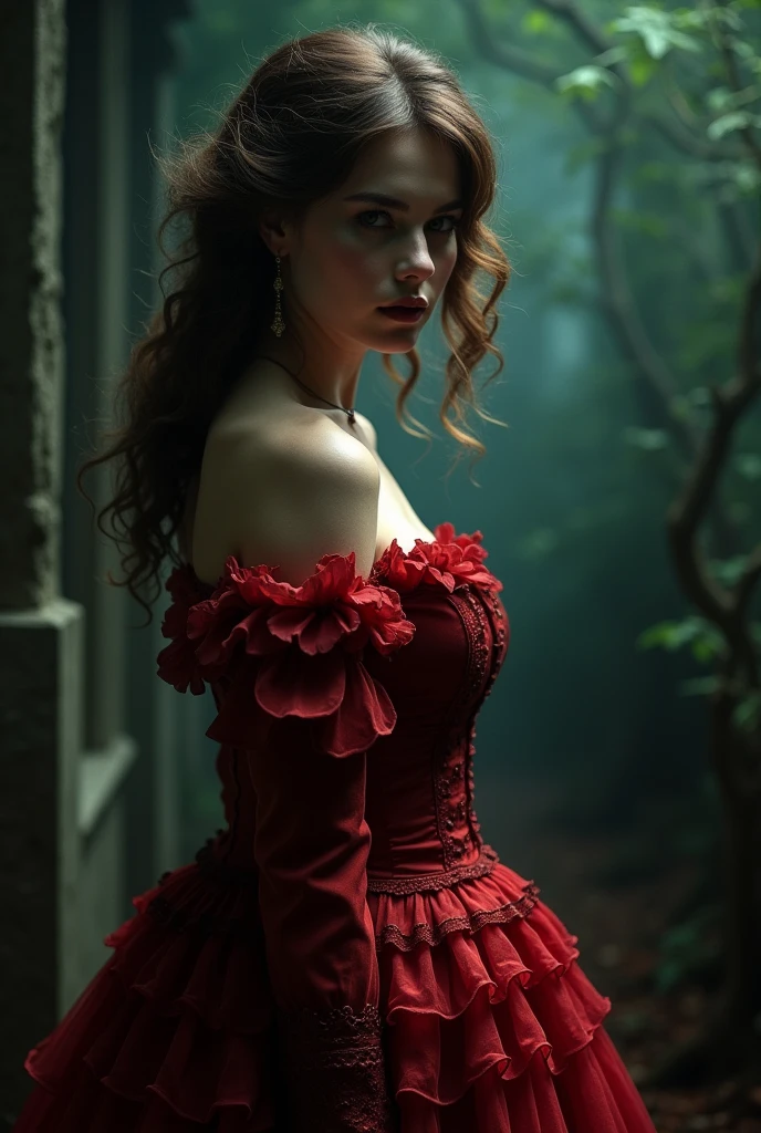 A Victorian woman, a lady, human. She has brown hair and it's curly but without much volume, she wears her hair with a opened hairstyle. She wears a red-greenish colored dress out of the 1721, a bit English touched. It's for my vampire novel so it should have a dark touch. 

Right now, her back is turned to the camera, so we look kind of over her shoulder and we don't see her face.

Make it more look like a book cover for a vampire novel.

MORE VAMPIRE ATMOSPHERE!!

She has a open hairstyle 

She's human, but the atmosphere is dark.