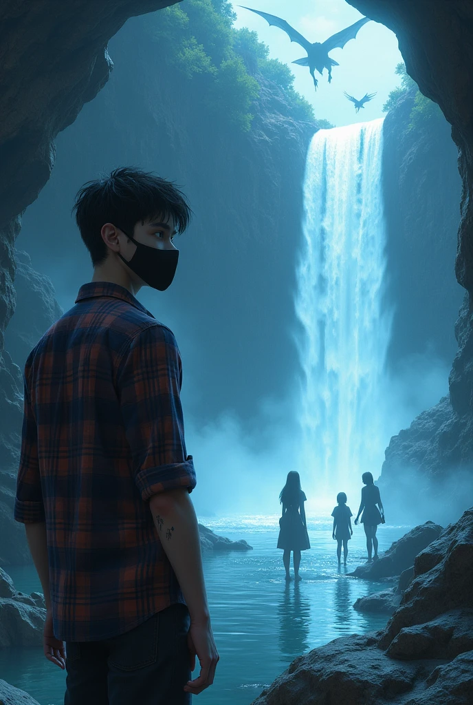 A handsome man age 22 wearing a mask, medium built wearing a checked shirt looking back. He has scratch wound in hand. He is in cave and waterfall is gateway to magical parallel universe with wolf in background with two girls and dragons flying. Make it an 3D animation.