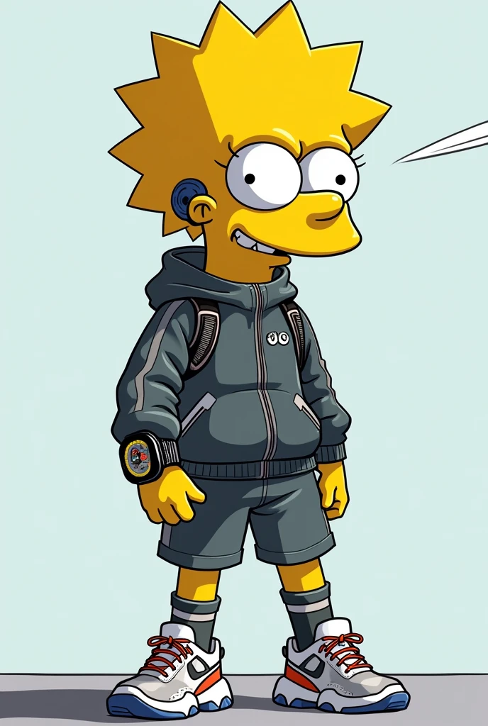 Bart Simpson, look high-tech, portant une montre intelligente et des écouteurs sans fil, habillé en tenue de sport avec un jogging technique et des baskets dernier cri, fond minimaliste.