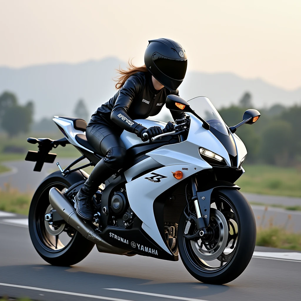 Thai girl 30 year old short hair 175 vm high big breast rider on white yamaha yzf r3 year 2028 with big winglet on future