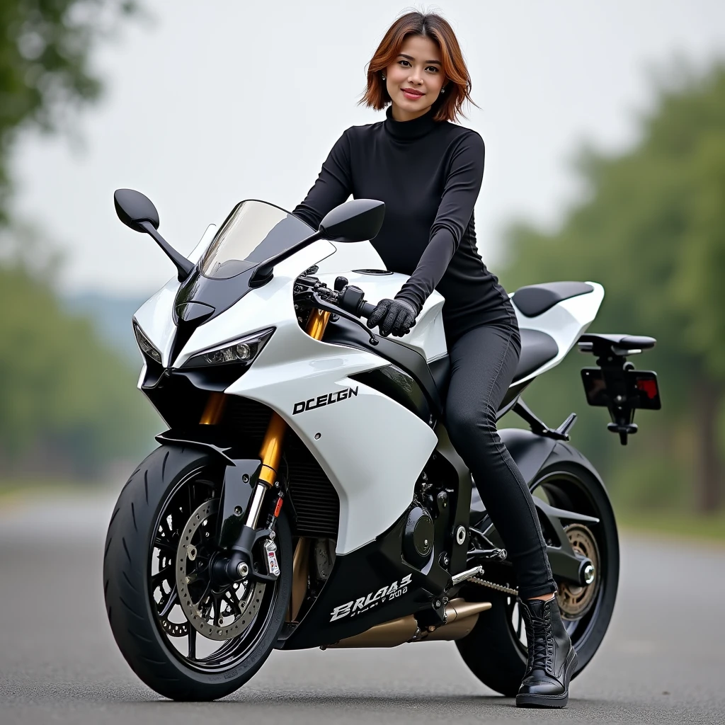 Thai girl 30 year old short hair 175 vm high big breast  rider on  white yamaha yzf r3 year 2028 with big winglet on future