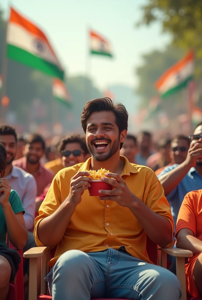 A person sitting comfortably with snacks, watching the Independence Day parade, but laughing or reacting more to the over-enthusiastic commentary than the parade itself. Add Indian flag 