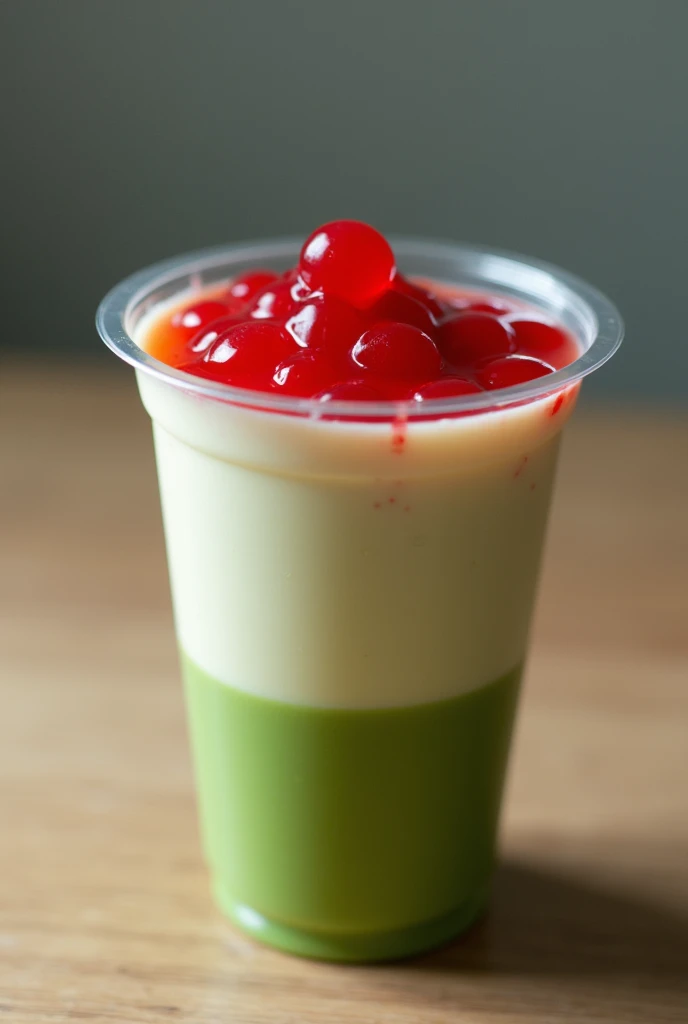 Small matcha Pudding with red beans And red bean water on top in a clear plastic small cup