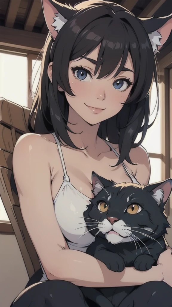 anime girl , mid black hair , black eyes , happy , cat ears, wolf hair cut , high quality , high quality face , smile,