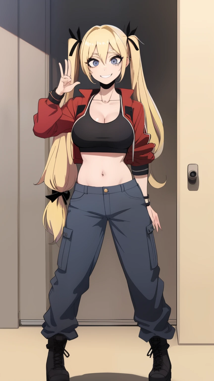 (masterpiece), (best quality), (High quality), BREAK, (perfect face), 1girl, (long hair, blonde hair: 1.67), ((twin tails, black ribbons)), BREAK, (big eyes, perfect eyes, detailed eyes, expressive eyes, grey eyes: 1.8, thin eyelashes), (thick eyebrow), BREAK, ((smile, happy)), BREAK, (tall height), BREAK, (slim bulid), (well bulid), BREAK, (big breasts: 1.2), BREAK, (red cropped jacket, sports bra), BREAK, (baggy pants), BREAK, (high boots), BREAK, (standing, leaning forward), (tilted head), ((view from front: 1.4), (full body), BREAK, ( beach), eyeliner, jk style,