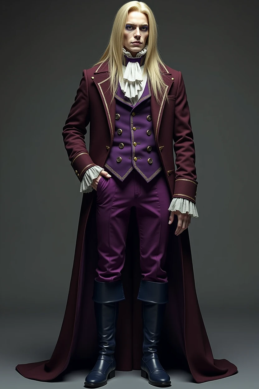 pale and tall man, who looks to be 30-35 years old. It has long (to the waist) light blond hair with a golden hue, thin gray-blue eyes with dark purple eyeshadow and noticeably high cheekbones. His clothes are in Victorian style, An old-fashioned, consists of a long dark burgundy jacket with a lavender inner layer and gold pins on the folded cuffs. Underneath he wears a purple waistcoat over a white ruffled shirt, purple classic trousers, dark blue knee-high boots and gloves of the same color.
